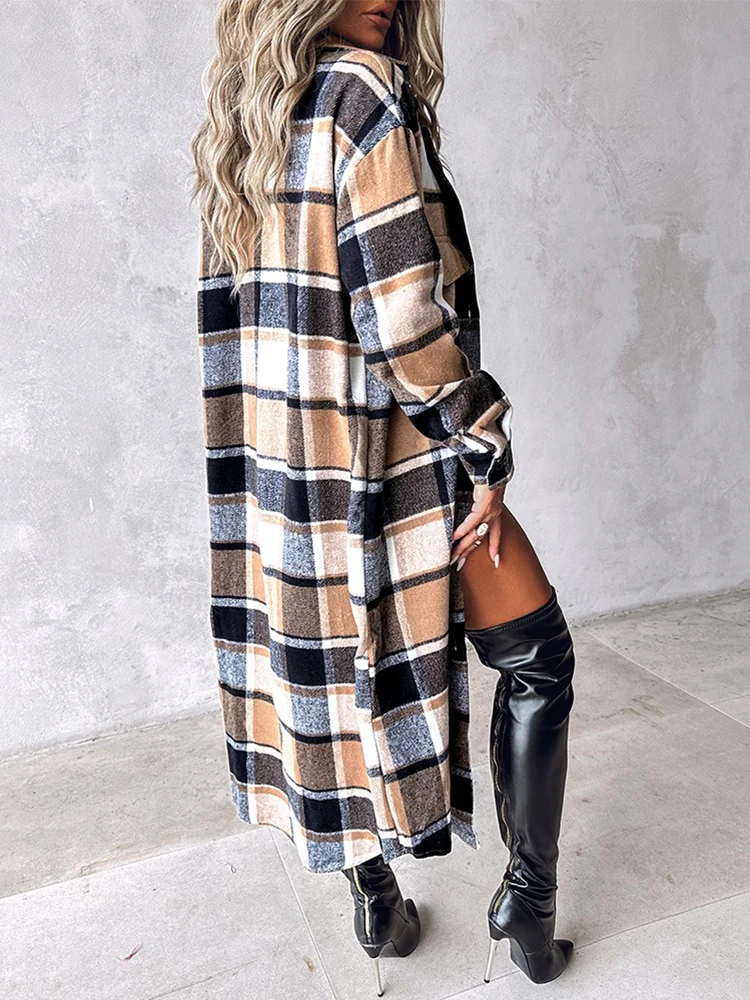 All-match Cardigan Women Korean Fashion Plaid Print Buttoned Pocket Design Longline Coat Casual Elegant Oversize Jacket