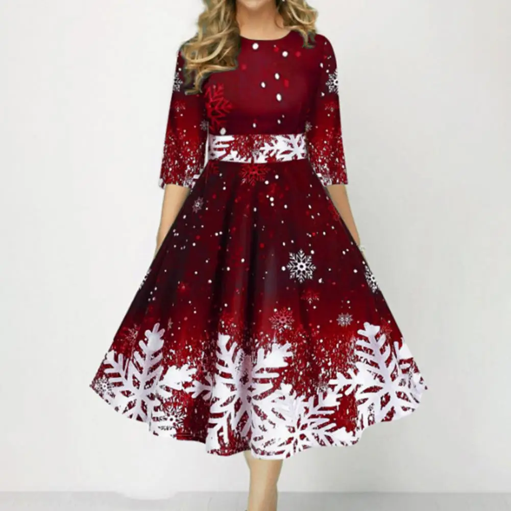 

Stylish Christmas Themed Print Skater Hem Midi Dress Mid-calf Length Christmas Dress 3/4 Sleeves for Festival