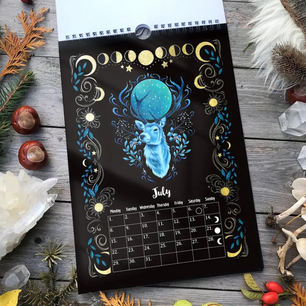 2024 Wall Calendar 2024 Dark Forest Wall Calendar with Plant Illustrations Moon Phases Twin-wire Binding for Home Office Decor