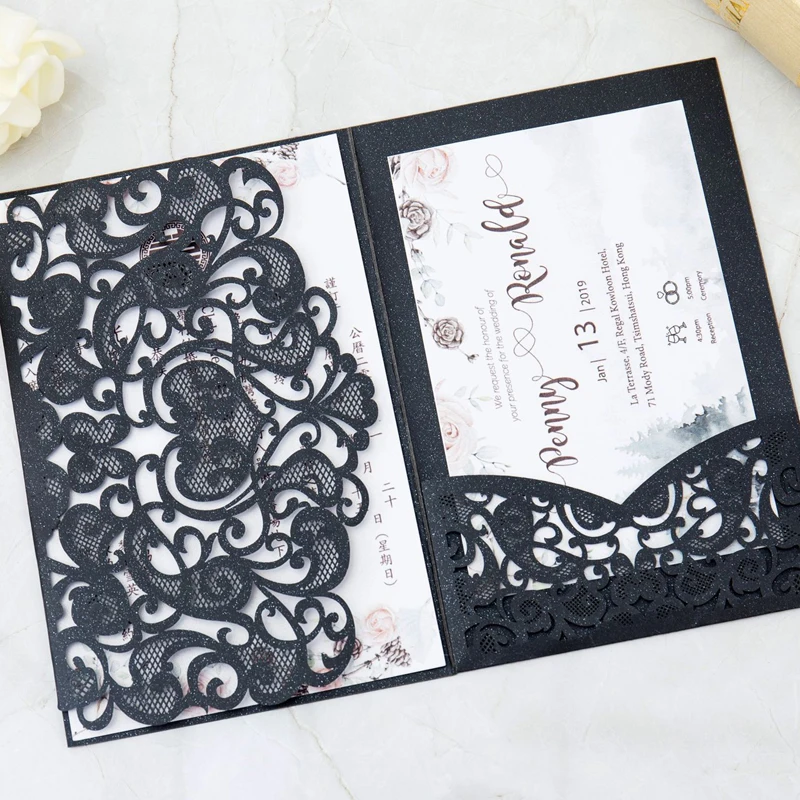 10 pieces Laser Cut Love Heart Wedding Invitation with Thank You Card Personalized Tri-fold Pocket Birthday XV Invitations IC136