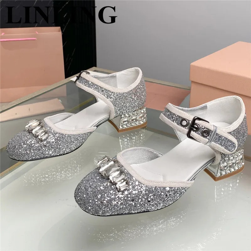 

2023 Luxury Designer Rhinestone Chunky Pumps Women Fashion Bling Glitter Round Toe Mary Jane Shoes Ankle Strap Party Dress Shoes
