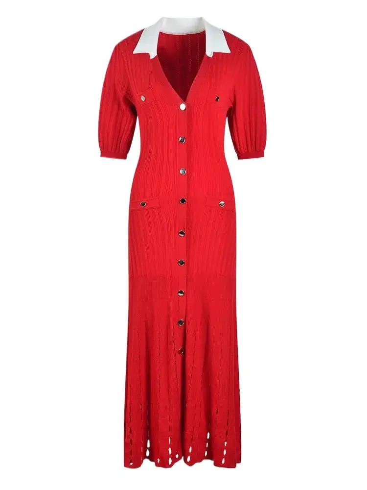 

Turn Down Ruff Sleeve Single Breasted Contrast Color Knitting Dress For Women 2024 Autumn Fashion Female New Dresses XF29