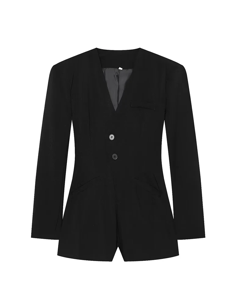 Women Solid Blazer Playsuits Vintage V-Neck Long Sleeve Fashion Commuting Rompers Simple Casual Spring Autumn Ladies Clothes