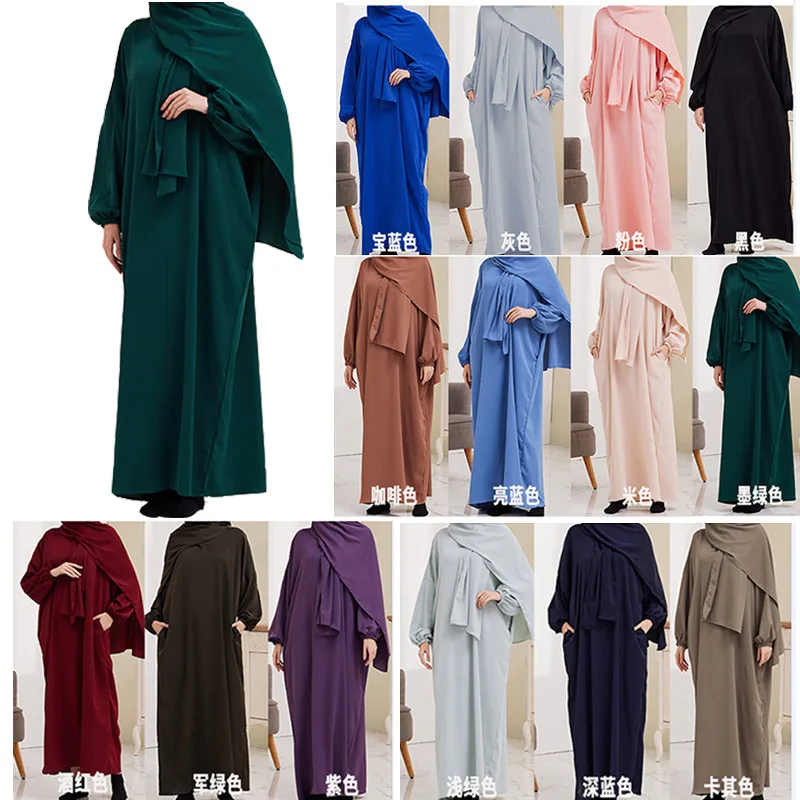 fresh-and-sweet-bubble-sleeve-abaya-dress-women's-modest-dress-hijab-robe-dress-with-scarf-collar-princess-style-summer-dress