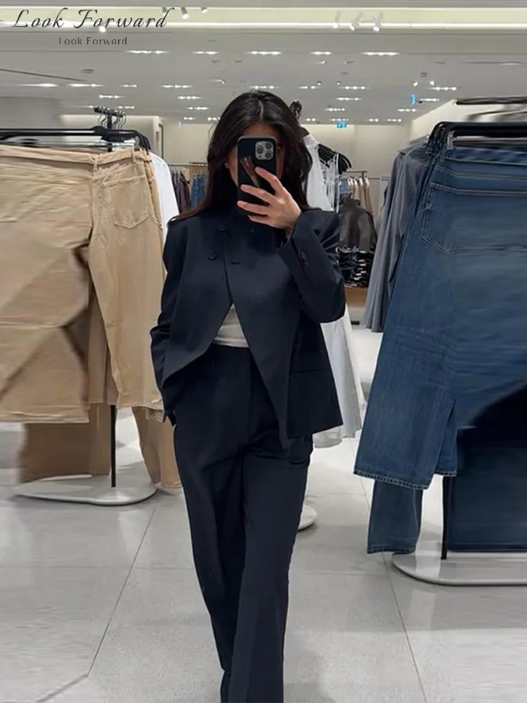 Ensemble pantalon rayé pour femme, manteau à col montant et manches longues, pantalon taille haute à jambes larges, nouvelle collection printemps 2026, vêtements d'extérieur unis pour femme 1 Ensemble pantalon rayé pour femme, manteau à col montant et manches longues, pantalon taille haute à jambes larges, nouvelle collection printemps 2026, vêtements d'extérieur unis pour femme 1
