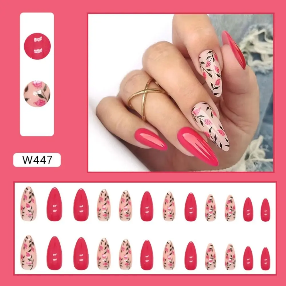 24pcs Long Almond Press-On False Nails - Colorful Wavy Flowers