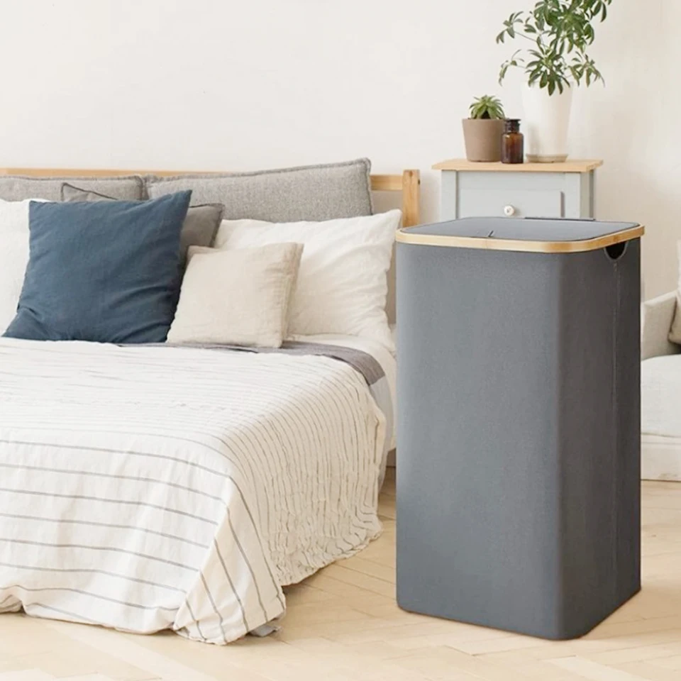 Cesto portabiancheria con ruote, 75 l, cesto portabiancheria con coperchio, cesto portabiancheria pieghevole su ruote con telaio in bambù e borsa per camera da letto, dormitorio, lavanderia, bianco