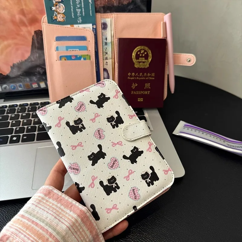 Korean Style Cute Butterfly Cat Passport Holder Multi-Functional PU Leather Travel Wallet for Cards, Tickets, ID Documents