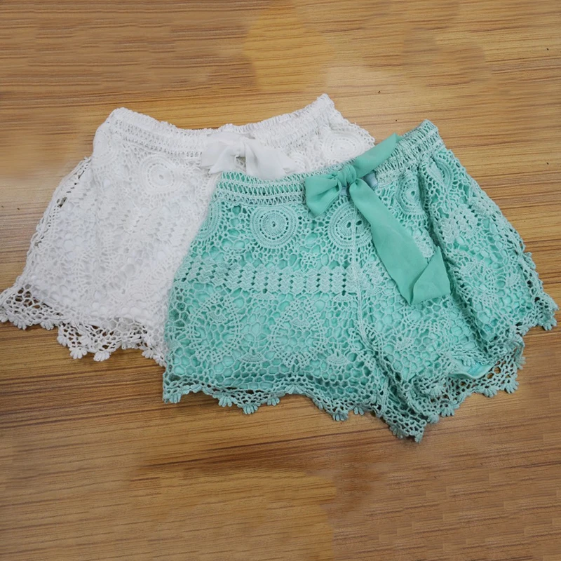 Summer Lace Floral Shorts Woman New Fashion 2021 Mini Mesh Lace Crochet Flower Tiered Elastic Waist Women Short beachwear white
