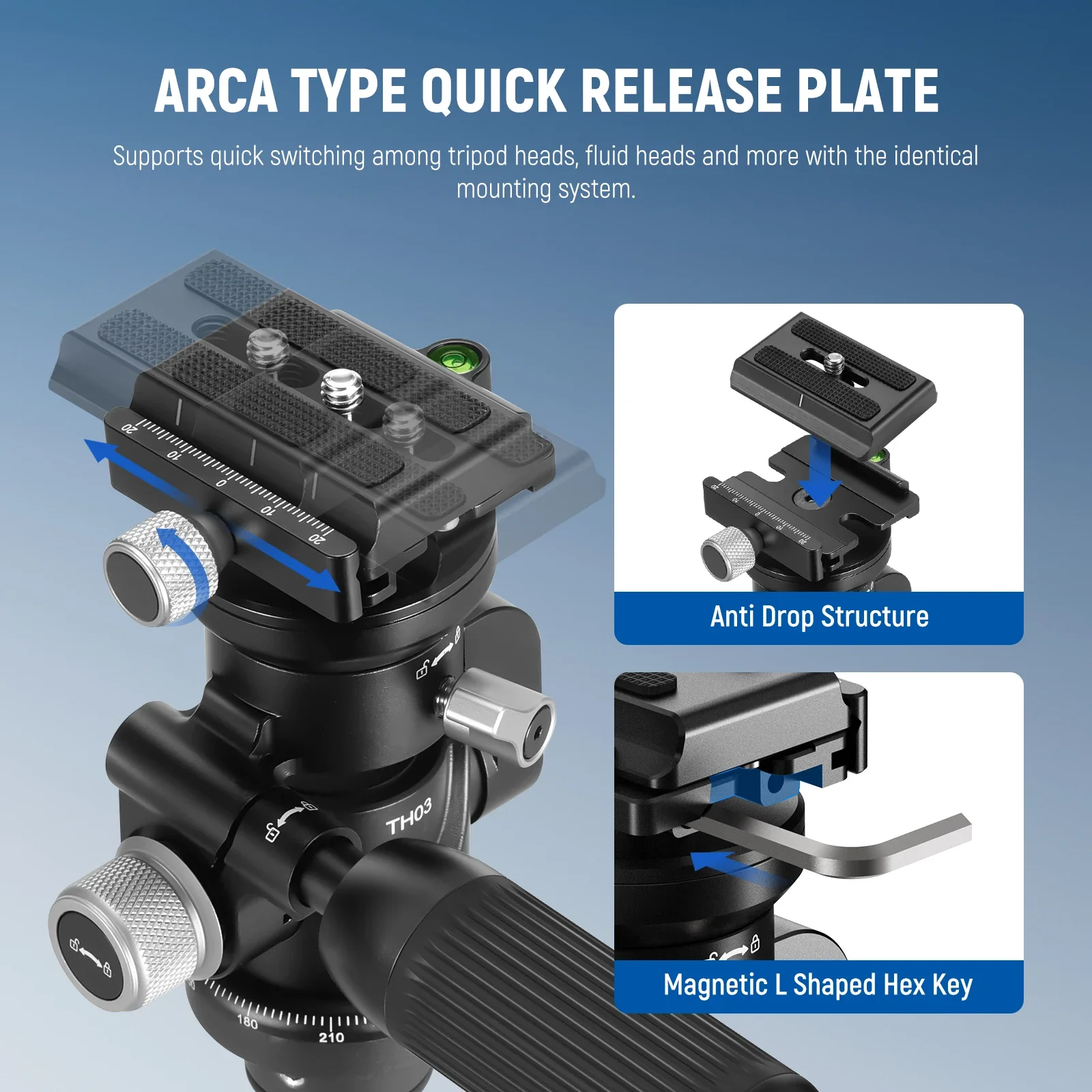2-Way Geared Tripod Head with Millimeter Micro Adjustment 360° Panoramic Arca Q