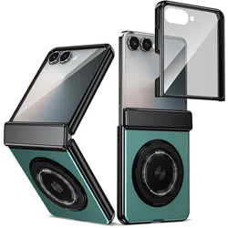 360 Rotating Magnetic Ring Holder Phone Case with Hinge Protection and Tempered Film - Galaxy Z Flip5 (Blue)