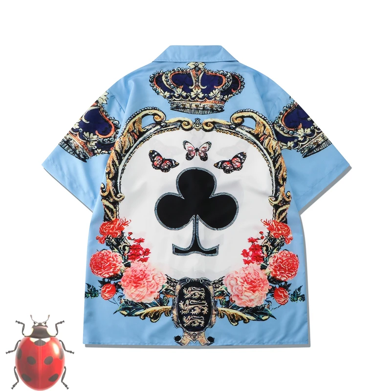 Three Butterfly Poker Plum Blossoms Floral Print Shorts Shirt Set  Summer Men Women Hip Hop Loose Hawaii Beach Holiday Surf Suit