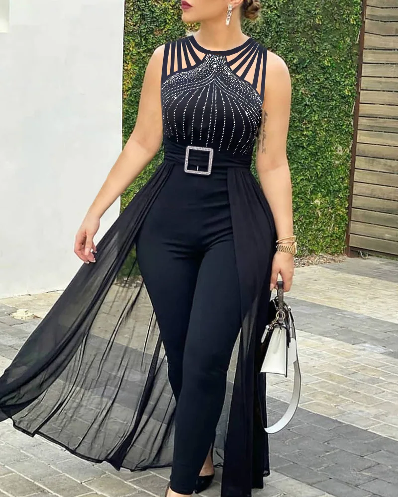 2023 New Women's Sexy Round Neck Rhinestone Sheer Mesh Sleeveless Jumpsuit with Belt New Fashion Rompers Womens Jumpsuit