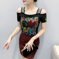 New European Clothes Women's T-shirts Fashion Sexy Off Shoulder Hot Drill Mesh Tops Short Sleeve Summer Elastic Tee - Image 5