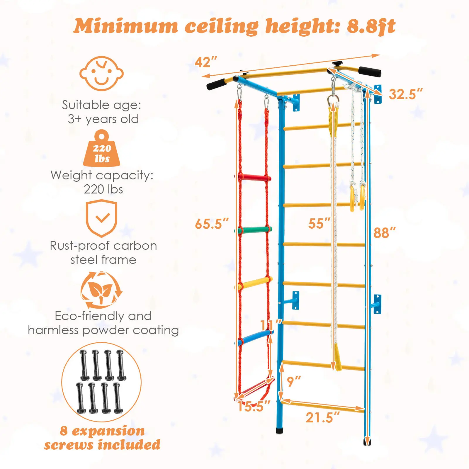 Costway 5 in 1 Kids Indoor Wall Gym Children Stall Bars Set Swedish Wall Ladder Home 2