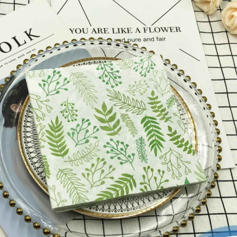 20pcs/pac Colorful Printed Napkins 2 Layer Leaf Flower Paper Party Wedding Folding Disposable Wine Glass Placemats 2 Ply 33*33cm