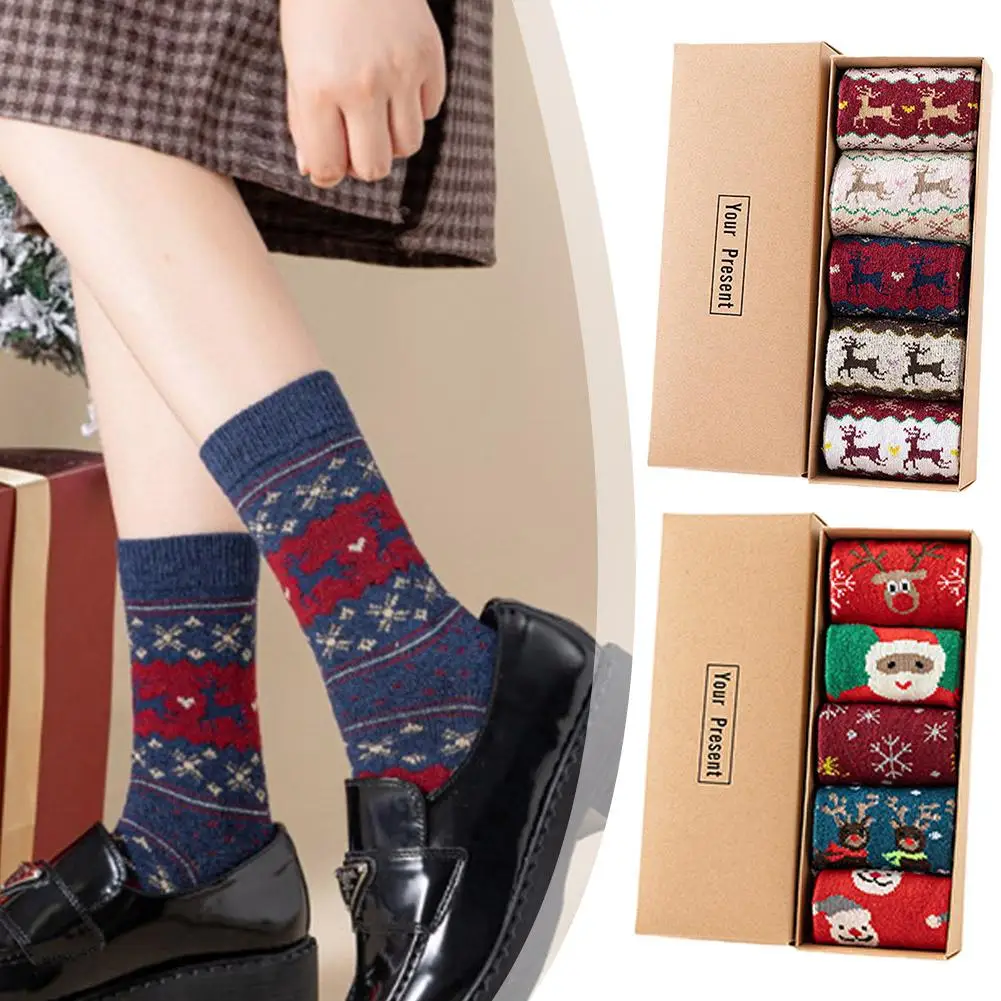 

5 Pair Christmas Socks Gift Women Socks Casual Winter Socks Warm Gift Christmas Cartoon Thermal Xmas Warm Cotton Vintage C1N2