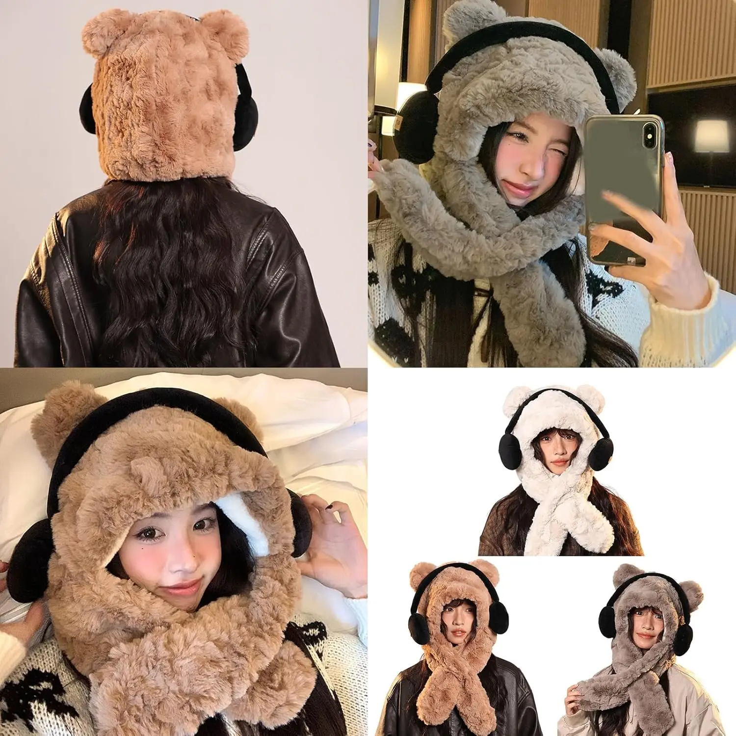 Winter Warm Plush Bear With Headphone Scarf Hat 2in1 Bear Ear Hat Hooded Cap Scarf Set Windproof Outdoor Cold Weather