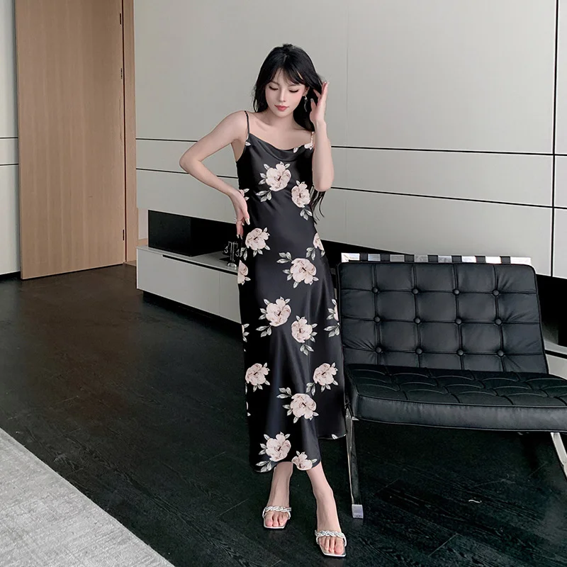 New Ice Silk Pajamas For Women Summer Senior Sense Long Printed Halter Nightdress Swing Collar Ladies Home Wear Pyjamas Sets