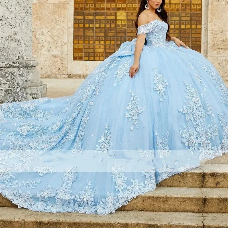 

Sweet Blue Lace Quinceanera Dresses Princess 16 Girl Birthday Party Gowns Off The Shoulder Big Bow vestidos de 15 quinceañera
