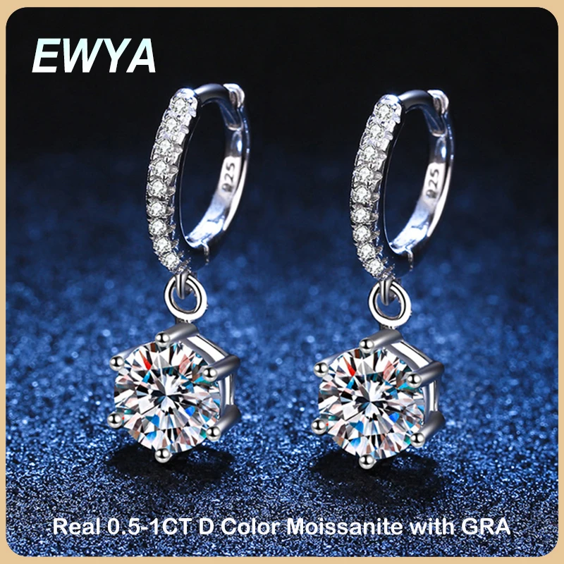 

EWYA 925 Sterling Silver Earring D VVS1 Diamond with GRA Moissanite Hoop Drop Earrings For Women Wedding Party Fine Jewelry Gift