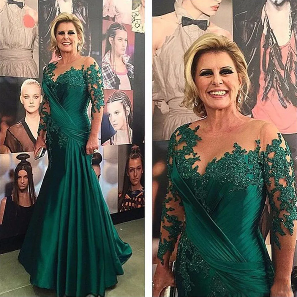 Mother Bride Dresses Green Lace Applique Beading Mermaid Mother Of The Bride Dresses Jewel Neck 3/4 Sleeves Prom Evening Gowns