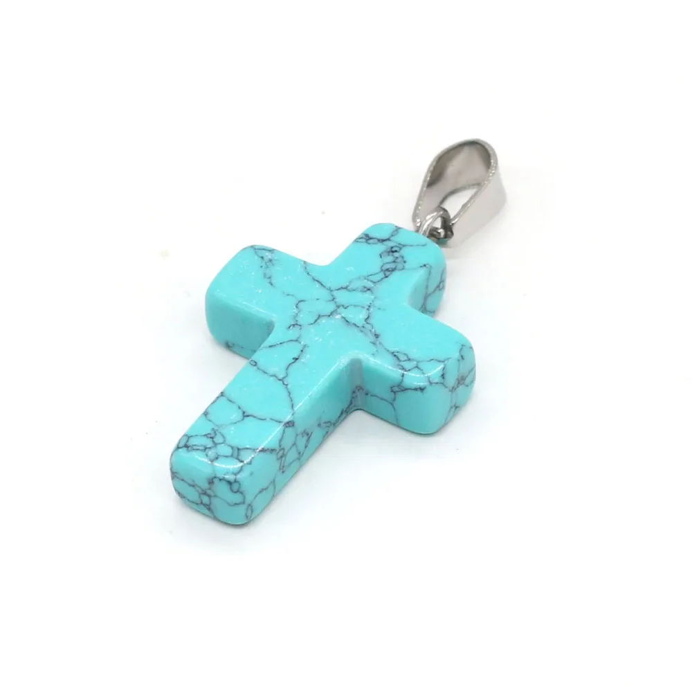 

Blue Turquoise Stone Cross Pendant Natural DIY Jewelry Making Necklace Earring Accessories Religious Gift Party Wholesale18x25mm