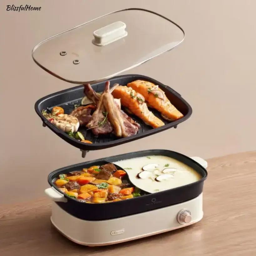 New split multifunctional pot. For household. Combines barbecue, hot pot. Electric cooker and grilled fish