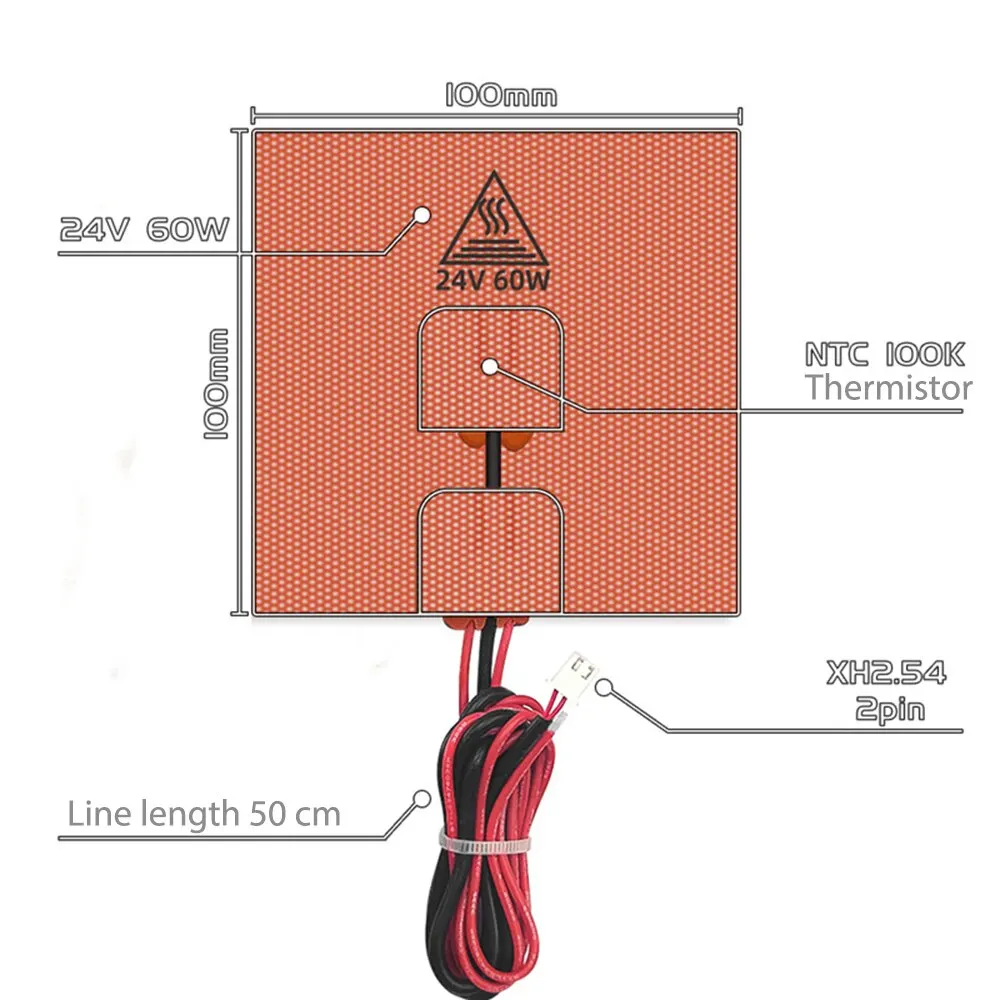 Aquecedor de Silicone para Impressora 3d Esteira de Aquecimento Cama Aquecida com Ntc Termistor 100k para Cabo Voron 0.1 e 60cm 24v 60w 100x100 mm - Imagem 6