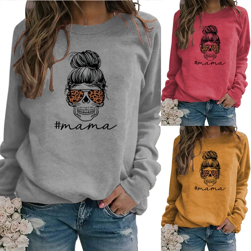 

New spring women's round neck loose sweater mama leopard print skull letter print simple sports pullover cotton long sleeves