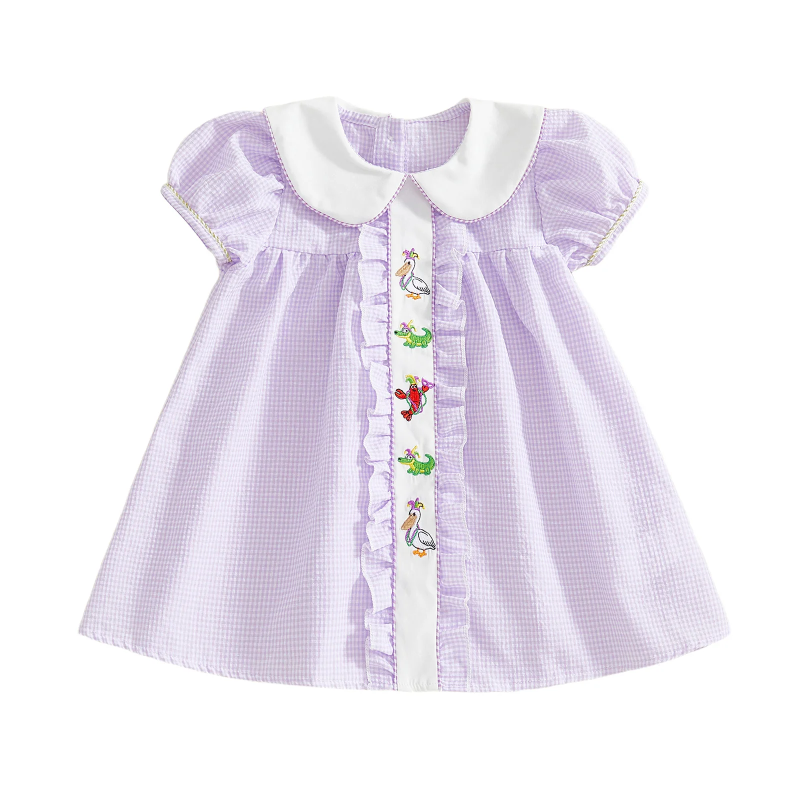 Girls Summer Dress Short Sleeve Doll Collar Floral Embroidery Princess Party Dress for Kids Carnival Costume