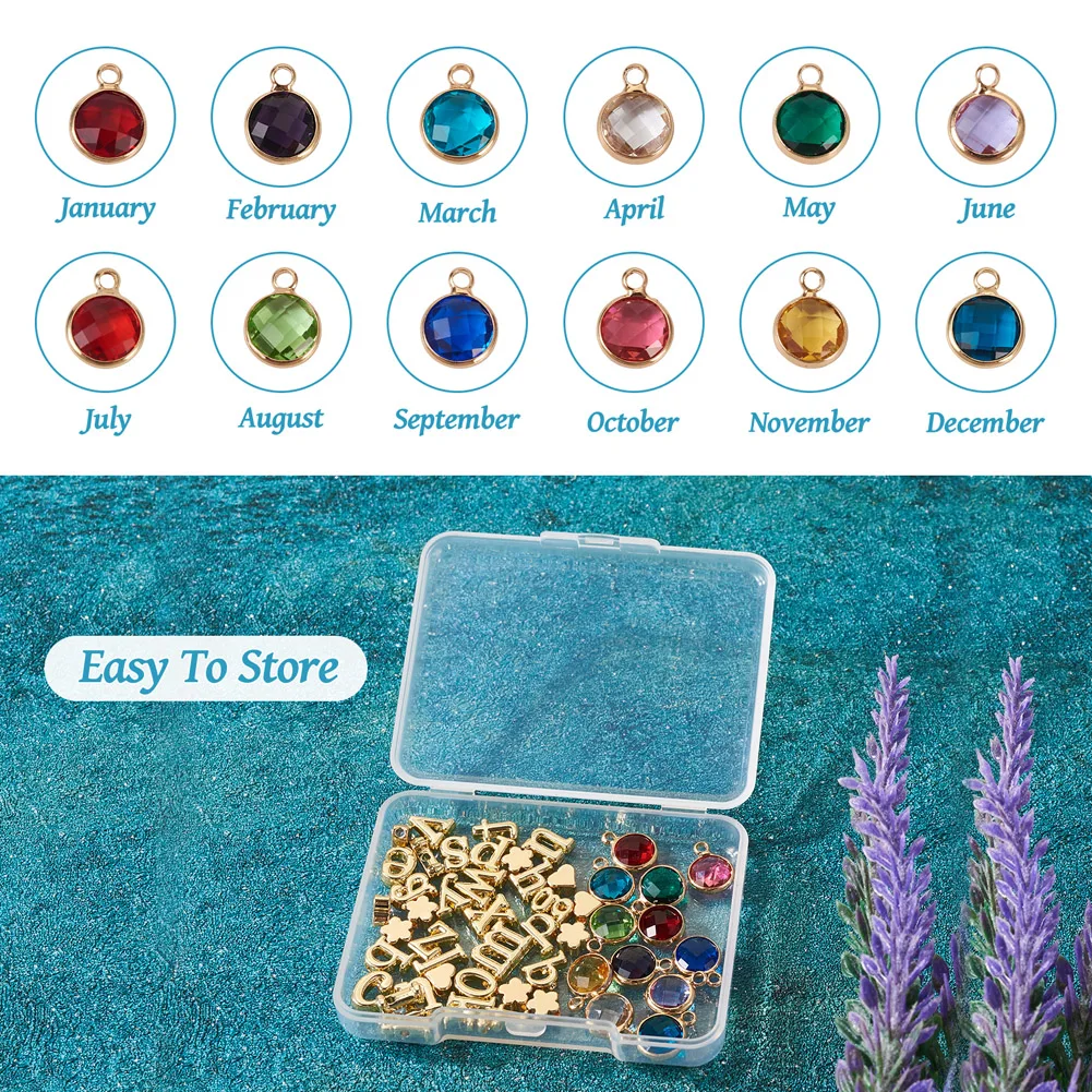 50Pcs/box Brass Flower Beads Alloy Letter A-Z Charms Beads Birthstone Glass Pendant for Bracelet Necklace DIY Jewerly Making