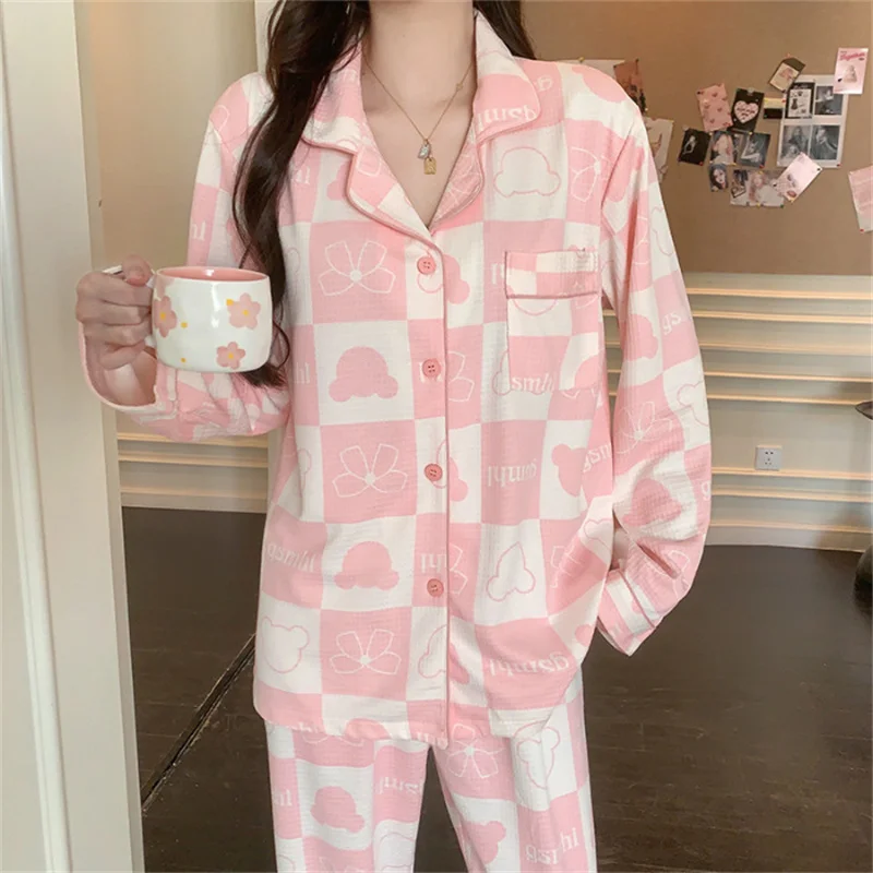Spring Autumn Women's Waffle Jacquard Pajamas Lapel Long Sleeve Cardigan Pants Casual Home Clothing Set Sweet Cute Sleepwear