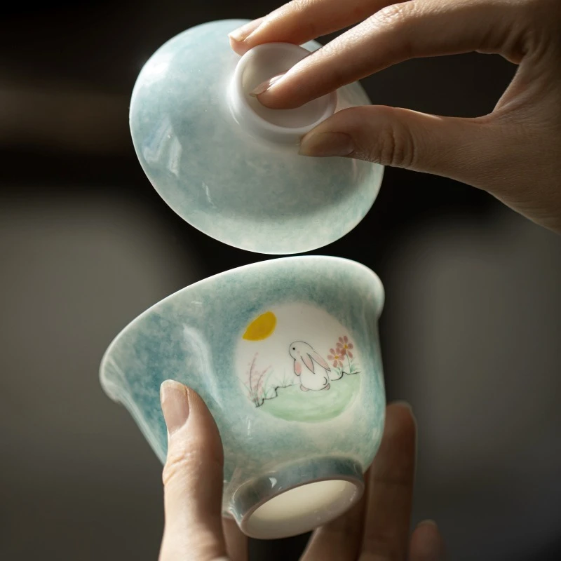Hand Painted Lidded Tea Cup Rabbit Moon Design Underglaze Color Scholar Style Ceramic Gongfu Tea Set Zen Home Brewing Gift