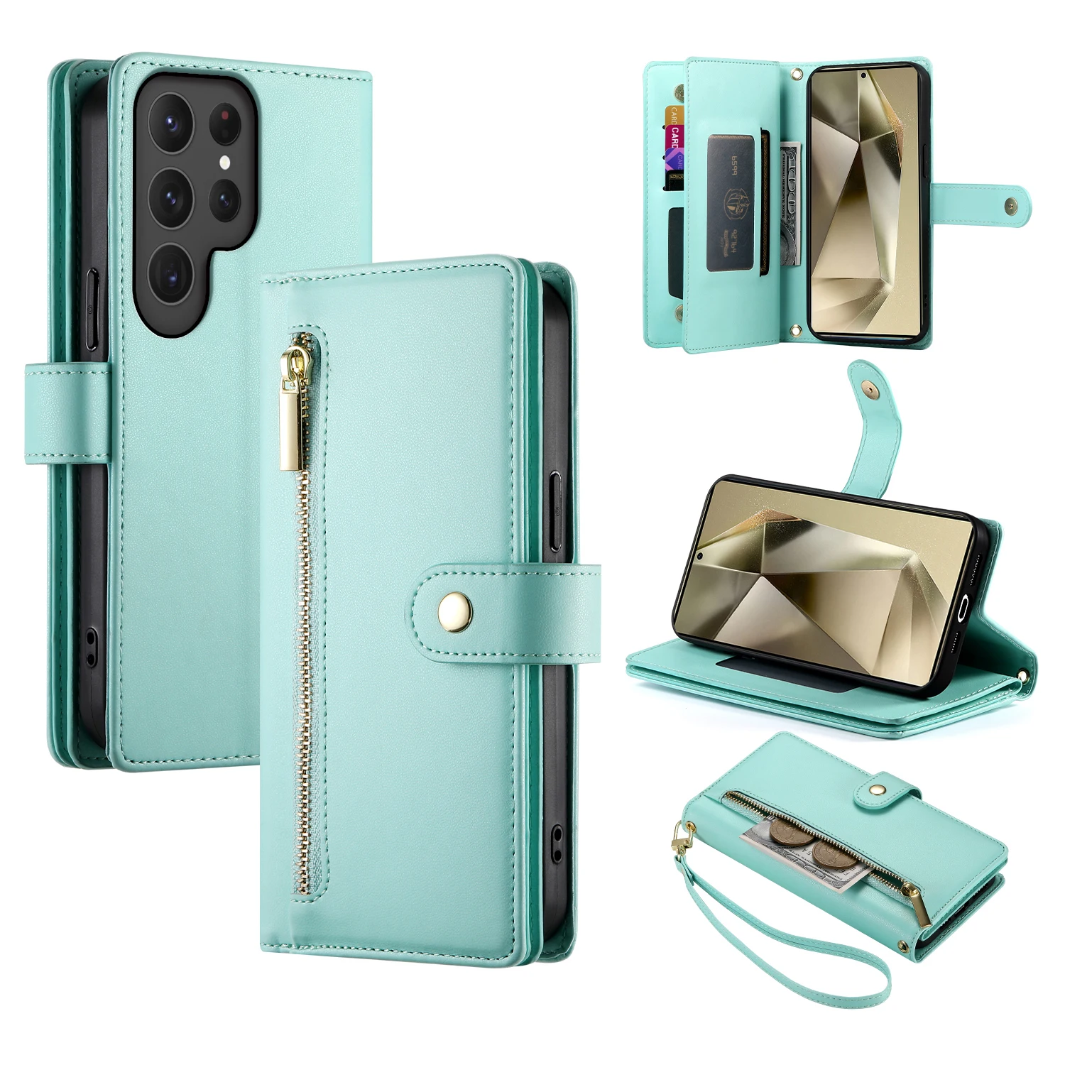 Crossbody Wrist Strap Phone Case with Zipper Wallet and Card Holder Cover