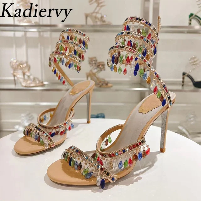 Sandales gladiateur à talons hauts pour femmes, sexy, chaîne de cristal, perles, salle, ficelle autour, sangle de rinçage, chaussures de mariage, sandales d'été 1