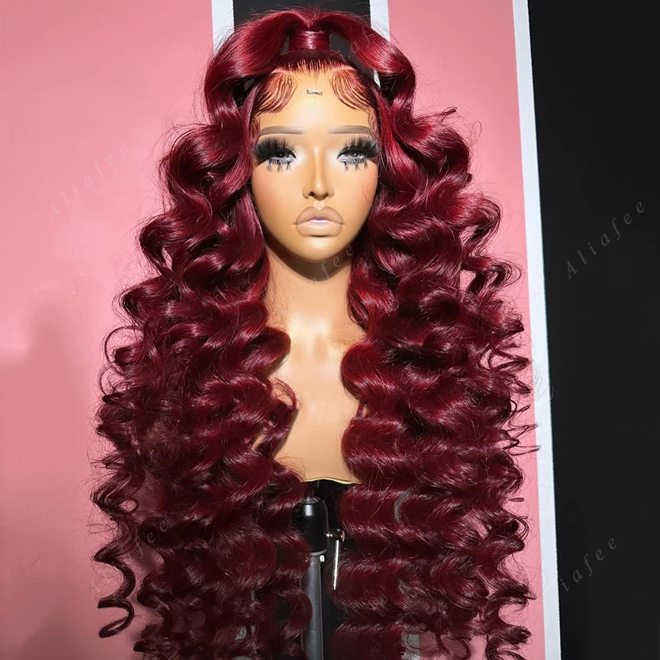 

26Inch Long 180Density Glueless Burgundy Curly Deep Wave 99j Wine Red Preplucked Lace Front Wig For Women BabyHair Daily Cosplay