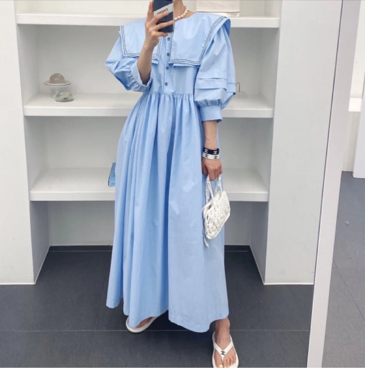 

Sailor Collar Puff Sleeve Blue Maxi Dress Black Summer Dresses for Women Korean Elegant Casual Vintage Vestidos Largos Verano