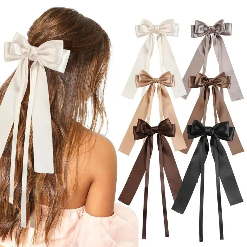 

24pc/lot 5.2" Long Tails Satin Ribbon Bow Hair Clips Women Girls Long Ribbon Hairpins Hair Clips Bowknot Barrettes Kids Headwear