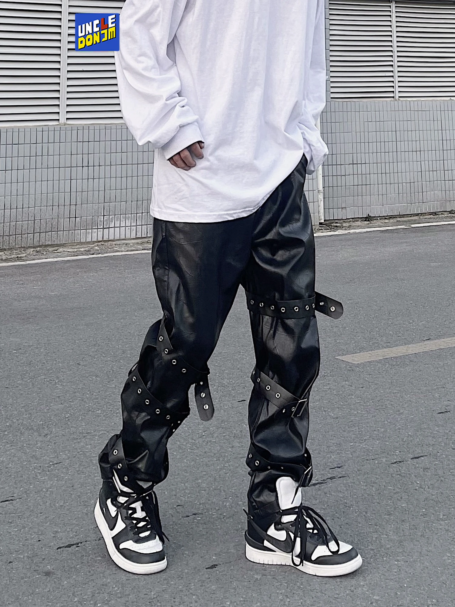 Uncledonjm Pu Leather Pants Hip Hop Motorcycle Punk Pants Vintage