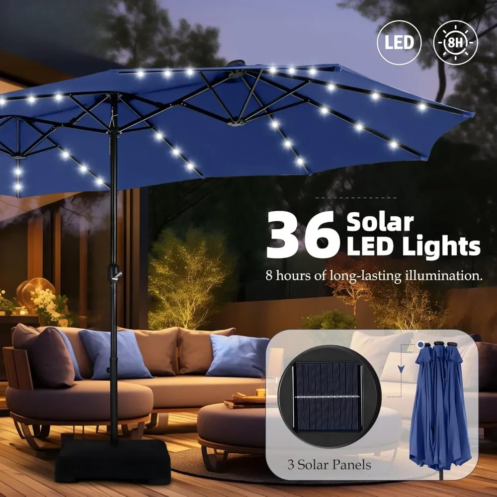 15ft Double Sided Patio Umbrella with Solar Lights, Large Market Umbrellas with Base Included, Crank Handle and 36 LED Lights 2