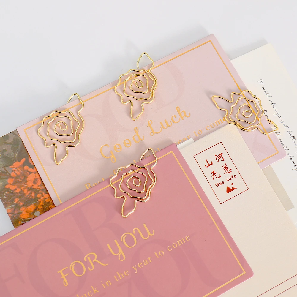 10pcs Gold Rose Flower Paper Clip Metal Diy Flower Planner Stationery Supplies Bookmark Gift Shaped Paper Clips paper clips,mini bookmark