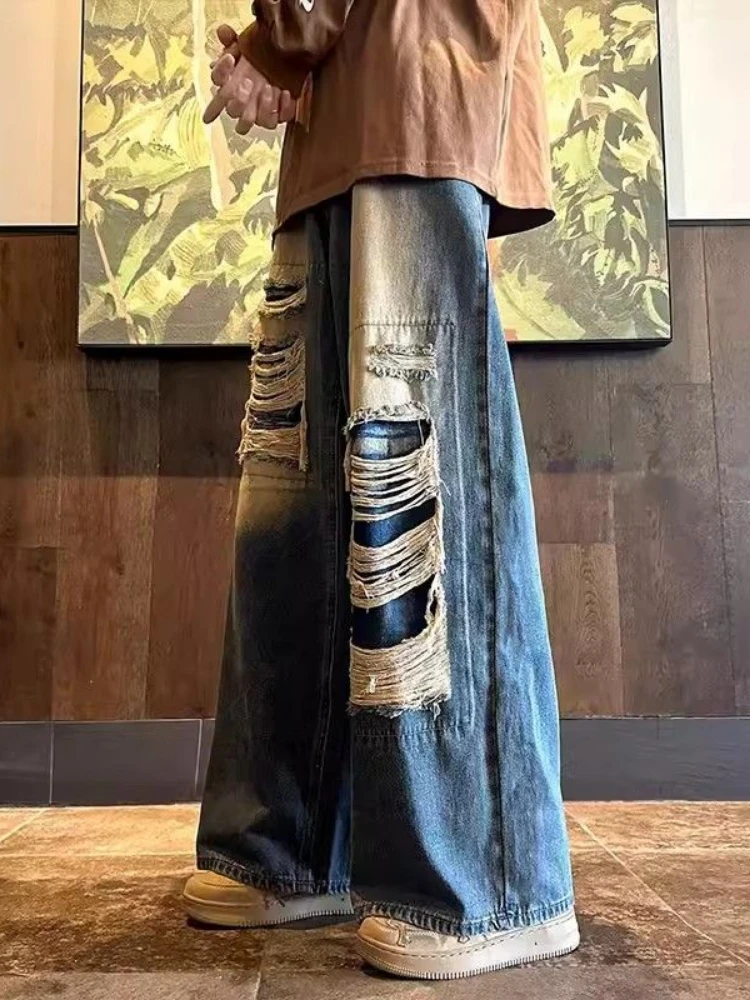 Men's Ripped Jeans Harajuku Wide Leg Pants Denim Baggy Y2K Cargo Pants Streetwear Koean Style Clothes Gothic Trousers Casual