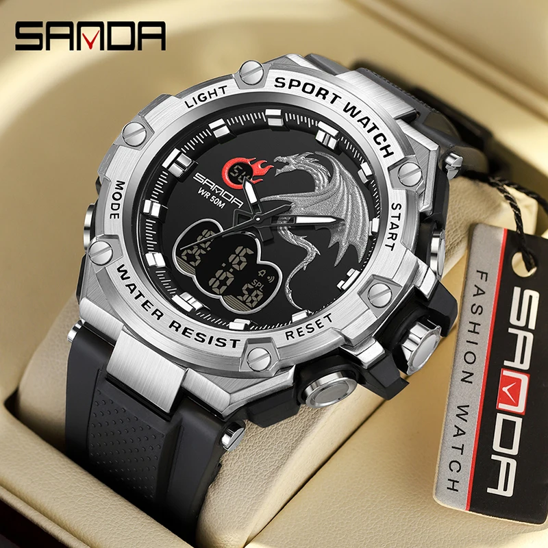 

SANDA Dual Time LED Display Digital Electronic Watch Men Military Sport Chronograph Quartz Men's Wristwatch with Date Week Alarm