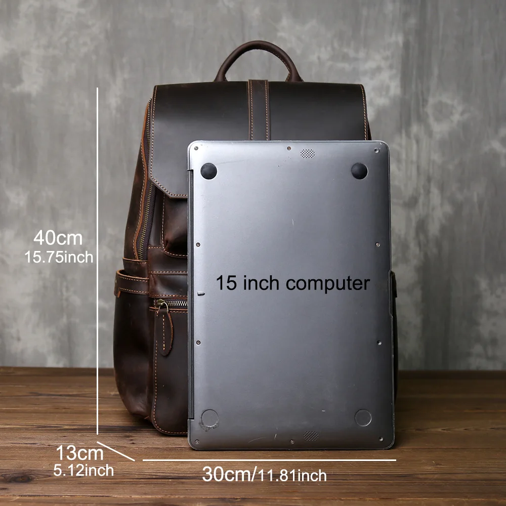 Retro Durable Crazy Horse Leather Backpack Men's Headlayer Leather Large Capacity Zipper Buckle with Outdoor Travel Computer Bag 6