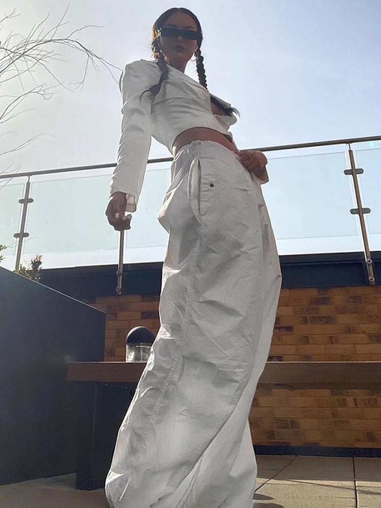 

YRRETY Casual Baggy Wide Leg Sweatpants White Loose Drawstring Low Waist Streetwear Cargo Pants Women Hippie Joggers Cool Trouse