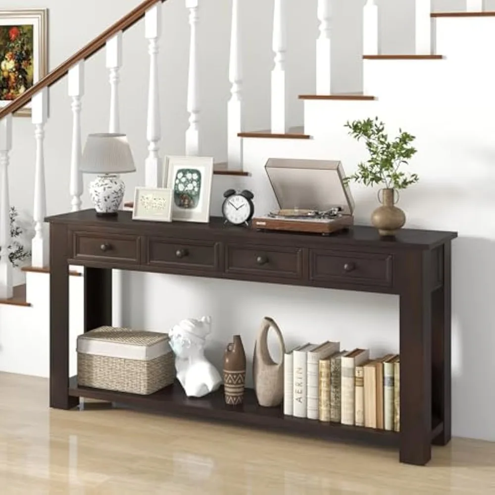 Farmhouse Entryway Table, Narrow Console Table w/ 4 Storage Drawers & Open Shelf, Rustic Long Sofa Table,  Hallway 2