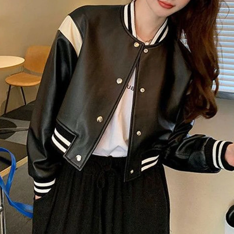 Leather 2023 Spring New Sheepskin Shoulder Drop Black and White  Motorcycle Jacket Baseball Coat