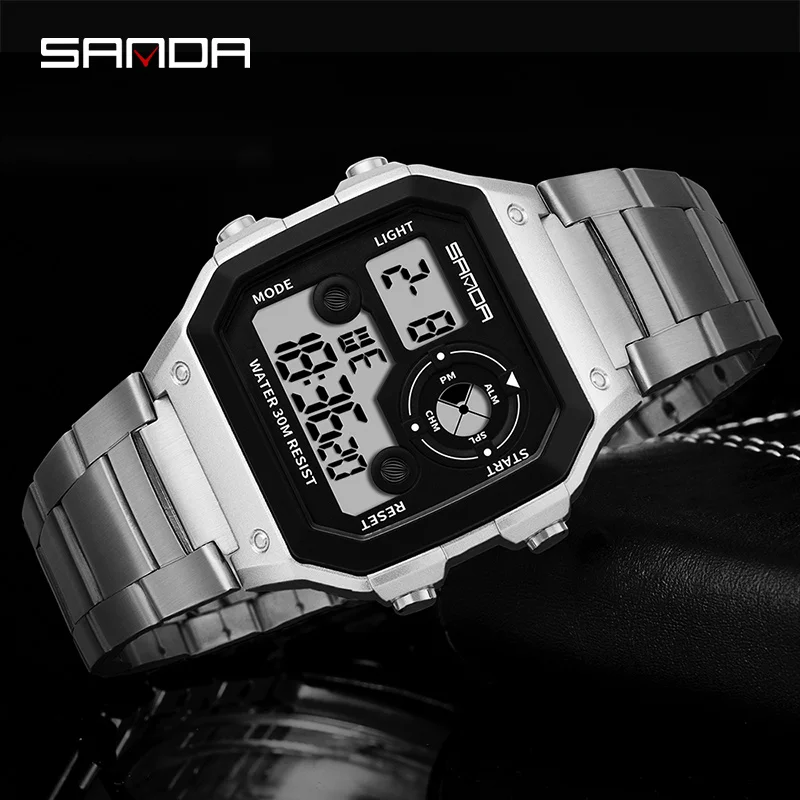 SANDA Men Multifunctional Dual Display Watch Luminous HD LED Digital Mens Watches Alarm Clock Stainless Steel Strap Waterproof xiaomi mi multifunctional thermometer pro digital clock