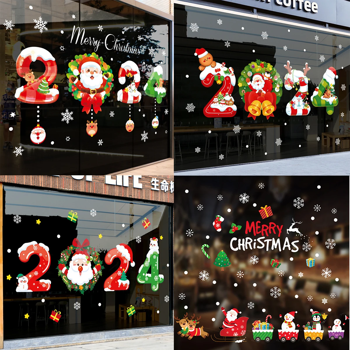 

2024 New Year Merry Christmas Wall Window Stickers Santa Snowman Elk Snowflake Sticker Xmas Party Decoration Home Navidad